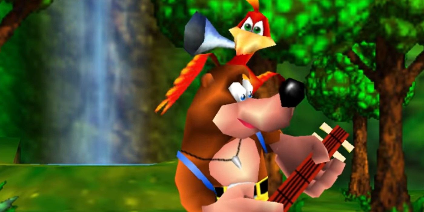 Banjo and Kazooie playing their instruments in front of a waterfall and a grove of trees.