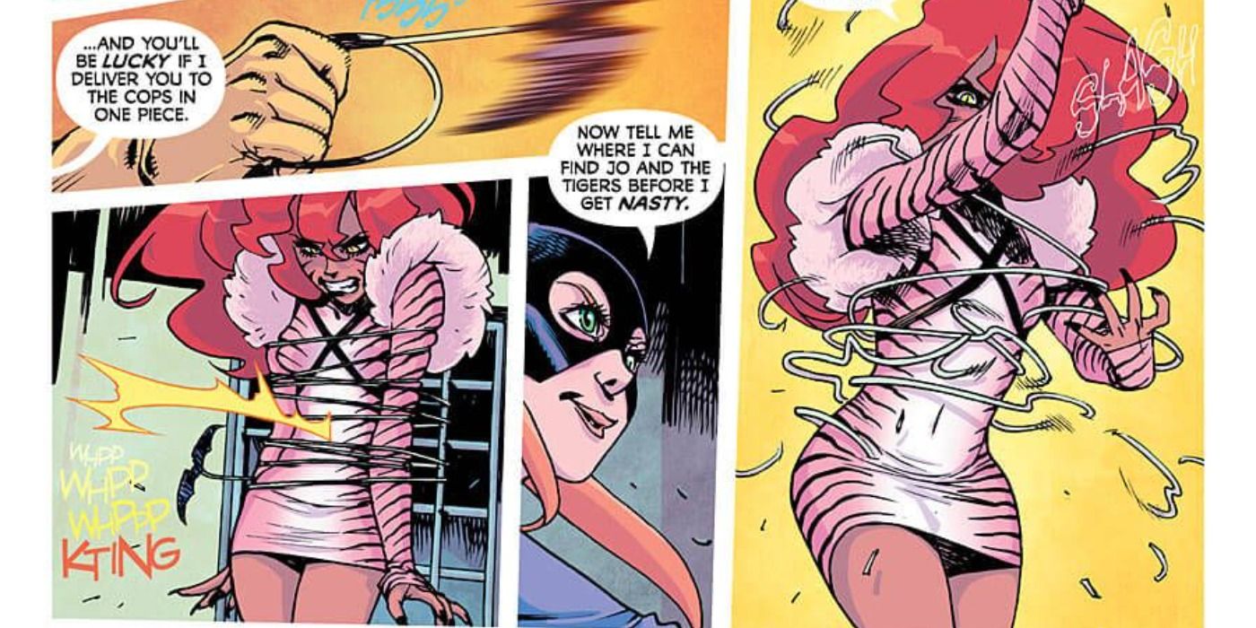 Batgirl fights Velvet Tiger in DC Comics.