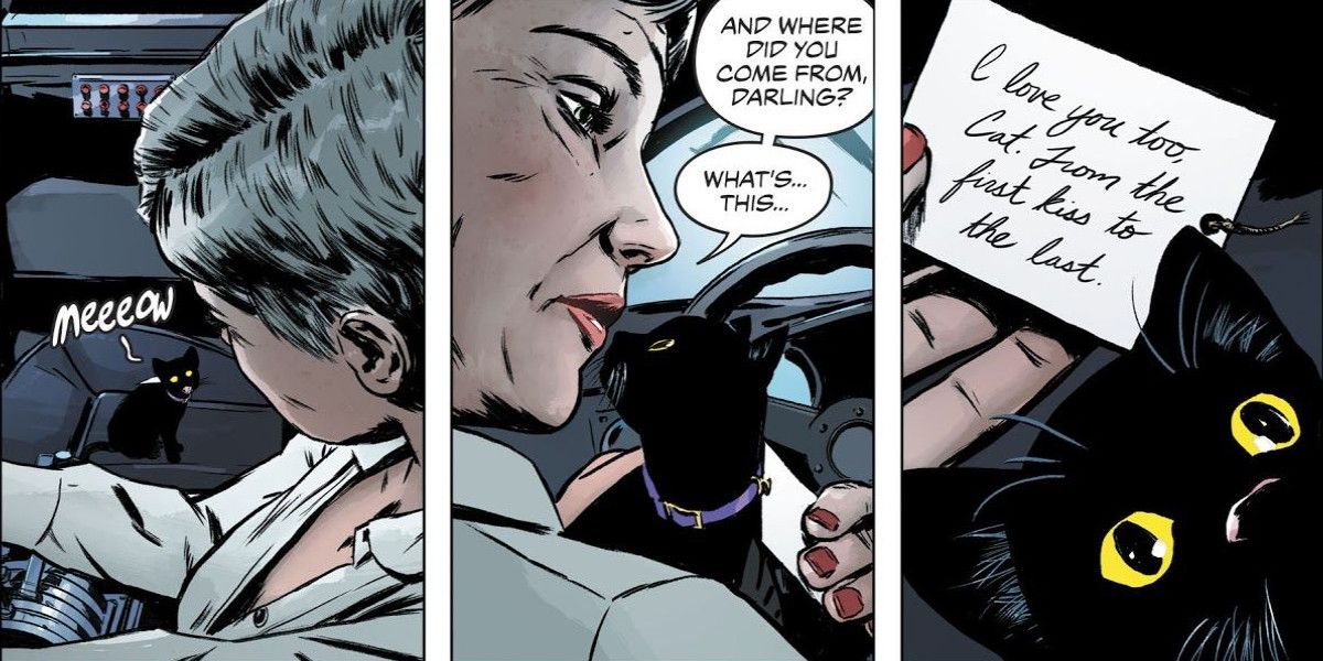 Three panels showing Catwoman reading a note in DC Comics.