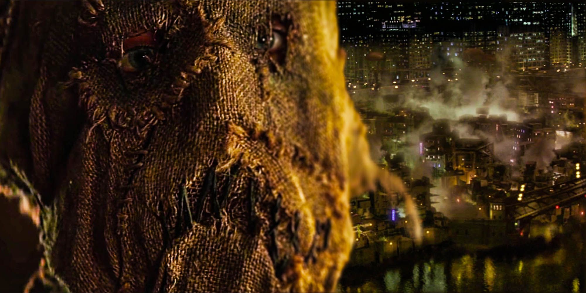 Scarecrow wearing his mask superimposed over Gotham City.