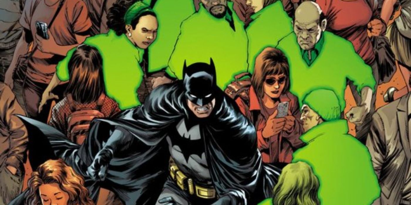 Cover art of Batman in a crowd being surrounded by Riddler&rsquo;s supporters