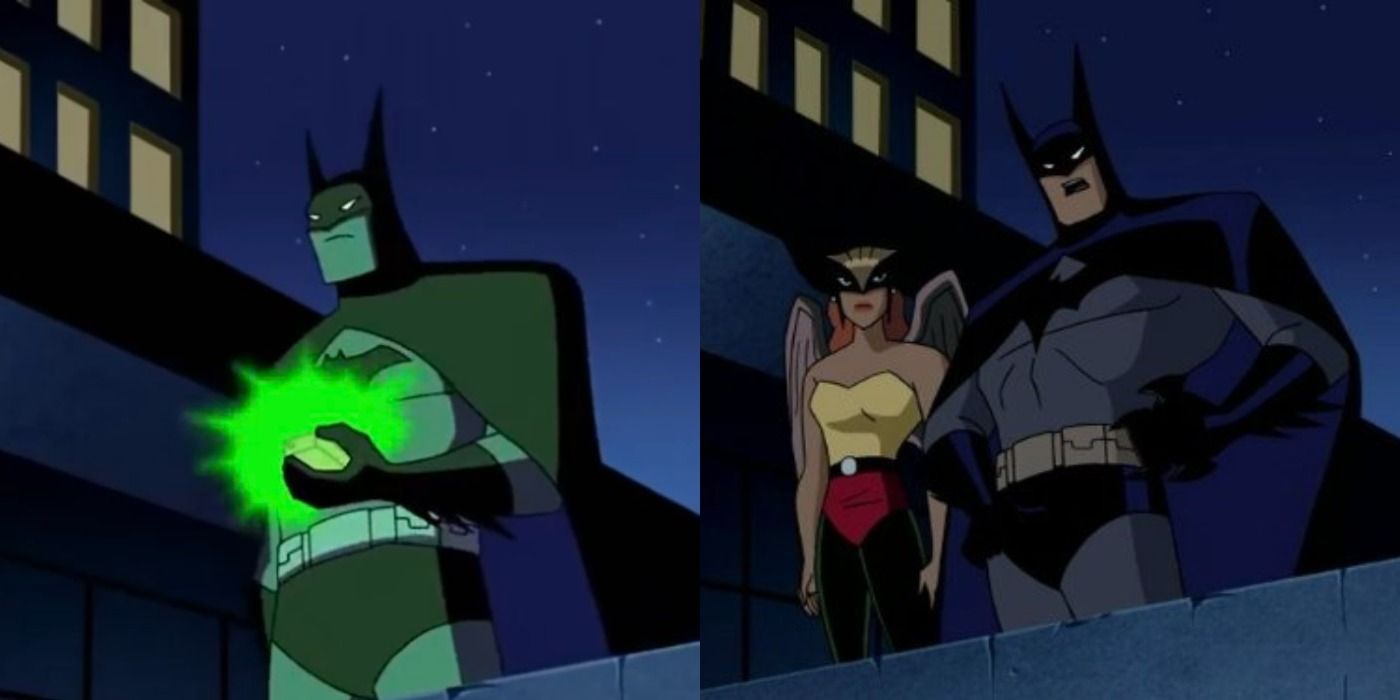 Split image of Batman holding kryptonite and talking to Hawkgirl in Justice League 