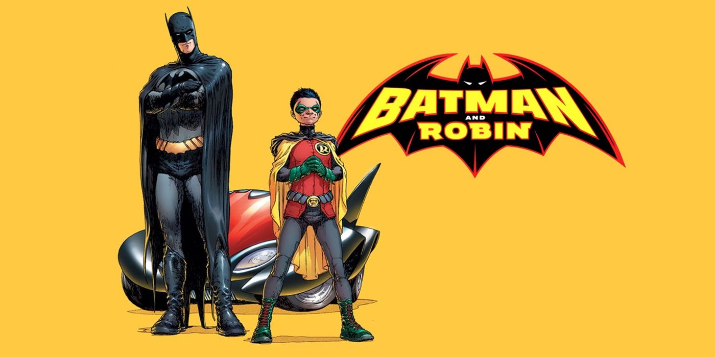 Capa em quadrinhos de Batman Reborn, apresentando Dick Grayson como Batman e Damian Wayne como Robin em frente ao Batmóvel