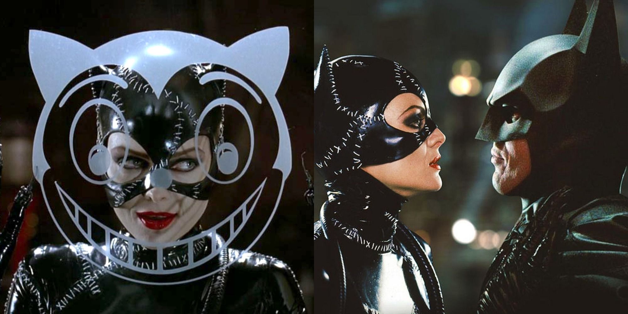 Split image showing Catwoman against a window and with Batman in Batman Returns