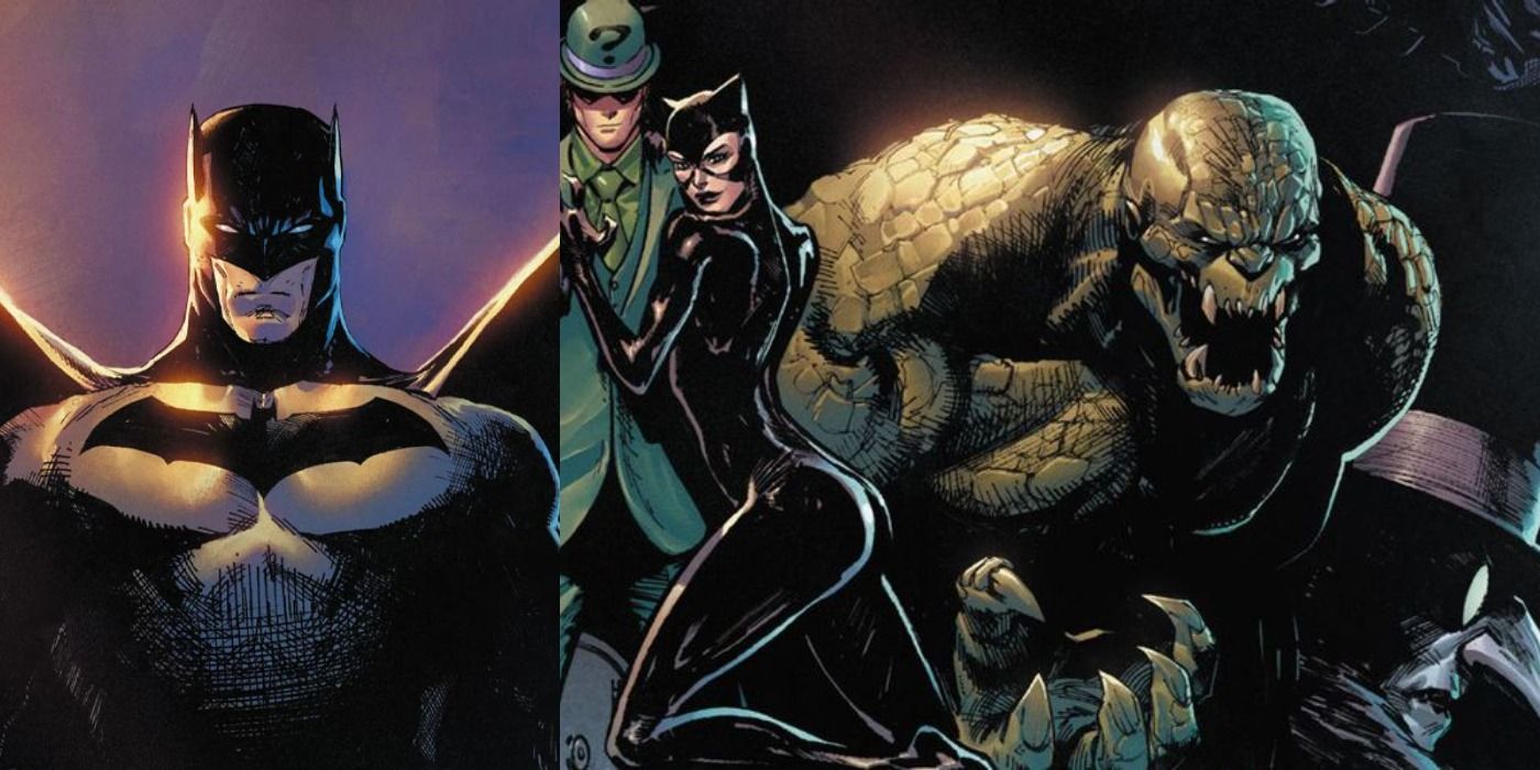 Split image of Batman and Riddler, Catwoman, Killer Croc, and Penguin in Killing Time cover art