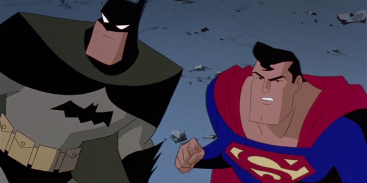 Batman and Superman fighting alongside each other in the DCAU