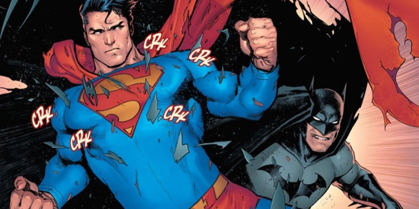 Superman and Batman in action, with Superman shielding from Batarangs