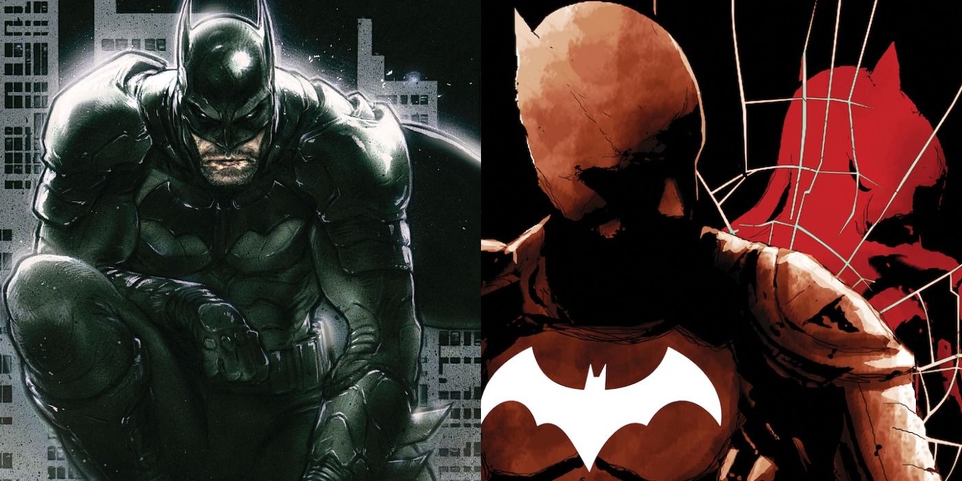 Split image of Batman perched on a building and facing his dark reflection in comic cover art