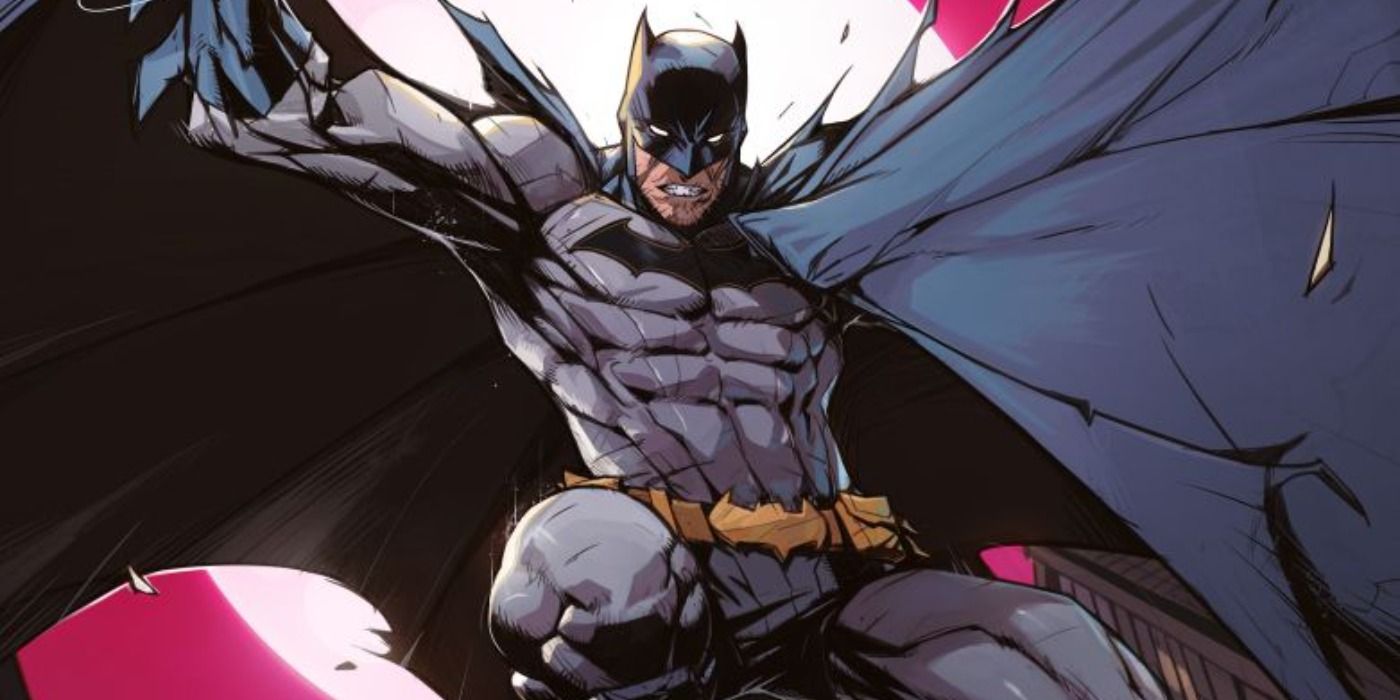 Batman grappling through Gotham City on a neon pink background