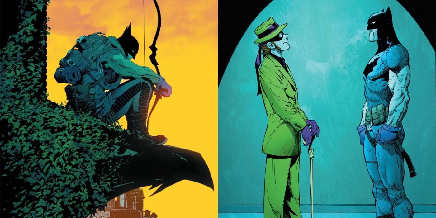 Split image of Batman wearing a guerilla-like suit in a Gotham under blackout and confronting the Riddler
