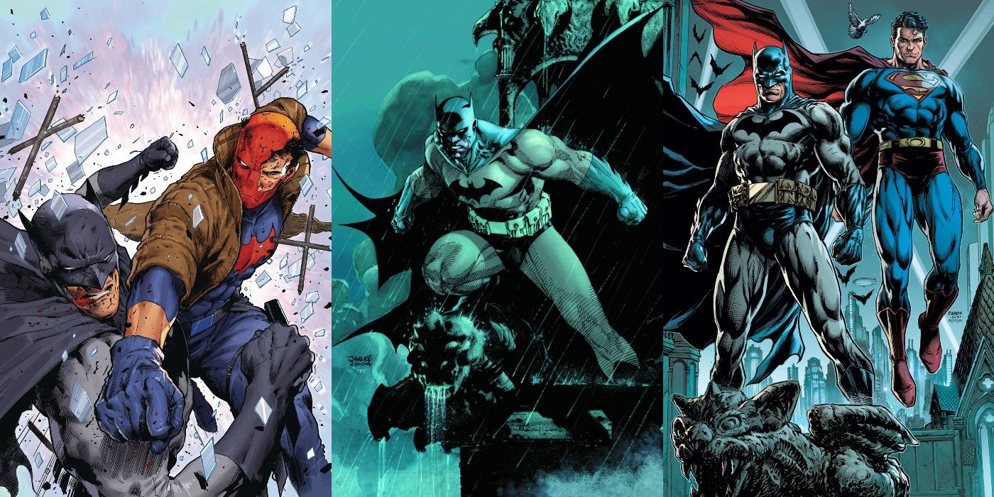 Split image of Batman fighting Red Hood, standing atop a gargoyle, and standing alongside Superman in comic art