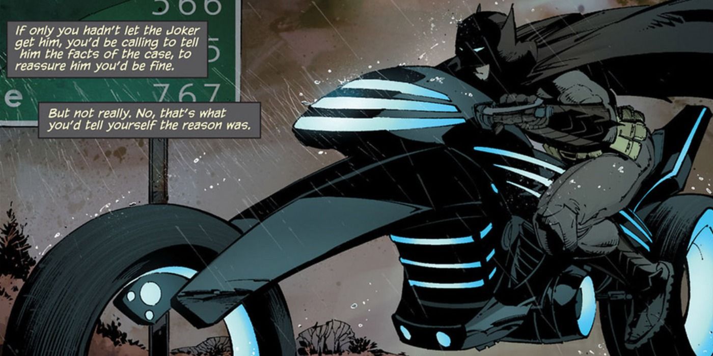 Batman rides the Bat Cycle in DC Comics.