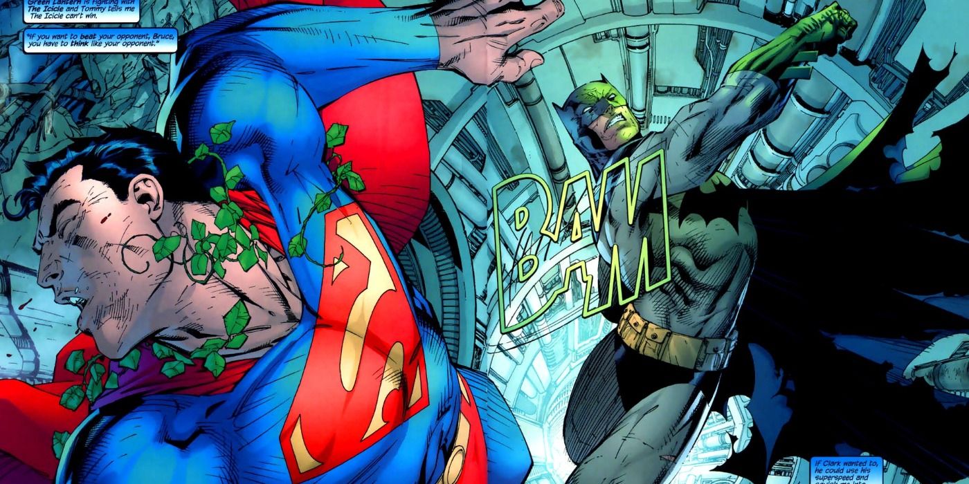 Batman fighting Superman with his Kryptonite ring in Hush