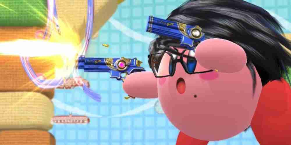 Bayonetta Kirby firing two guns.