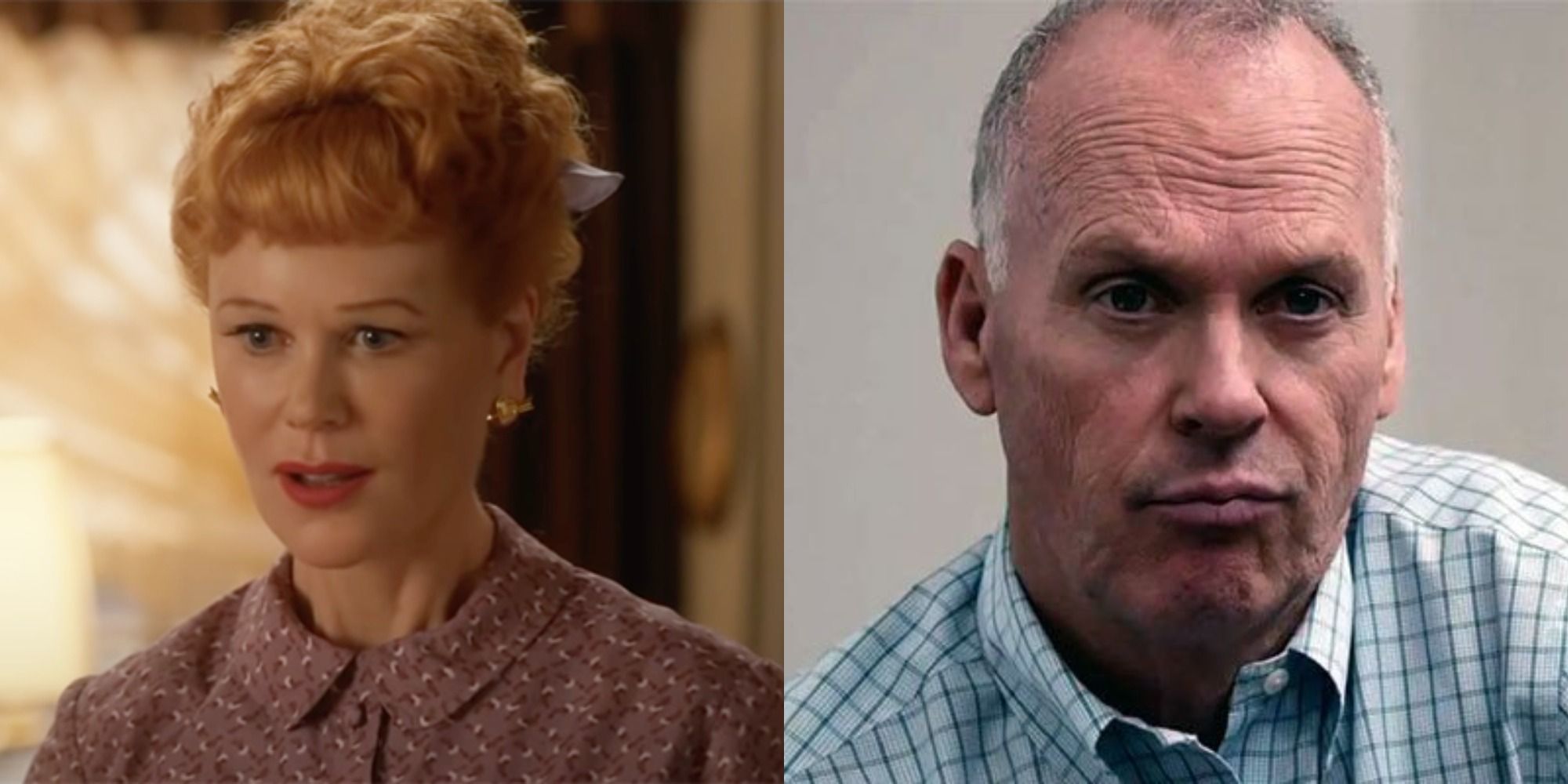 Split image showing Nicole Kidman in Being the Ricardos and Michael Keaton in Dopesick