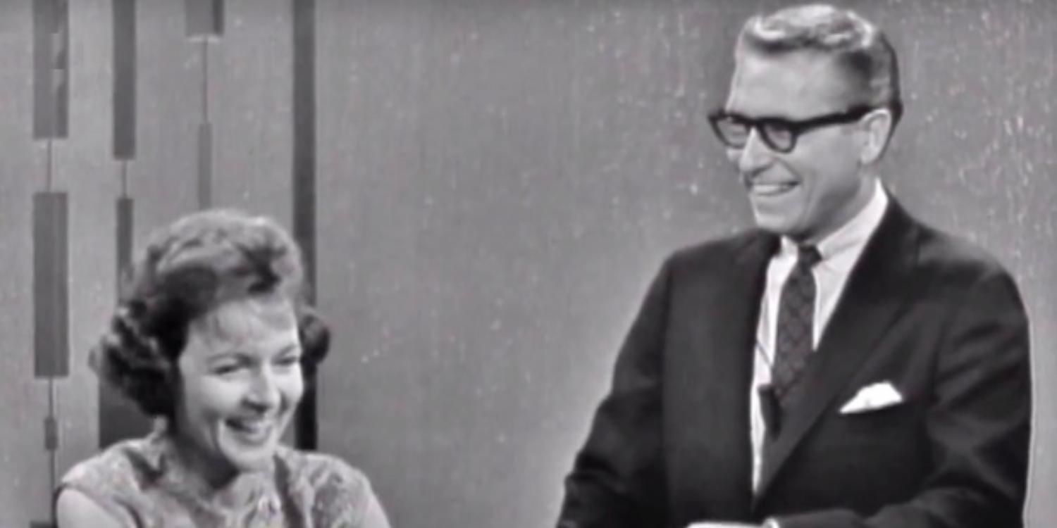 Betty White and Allen Ludden laughing together on Password