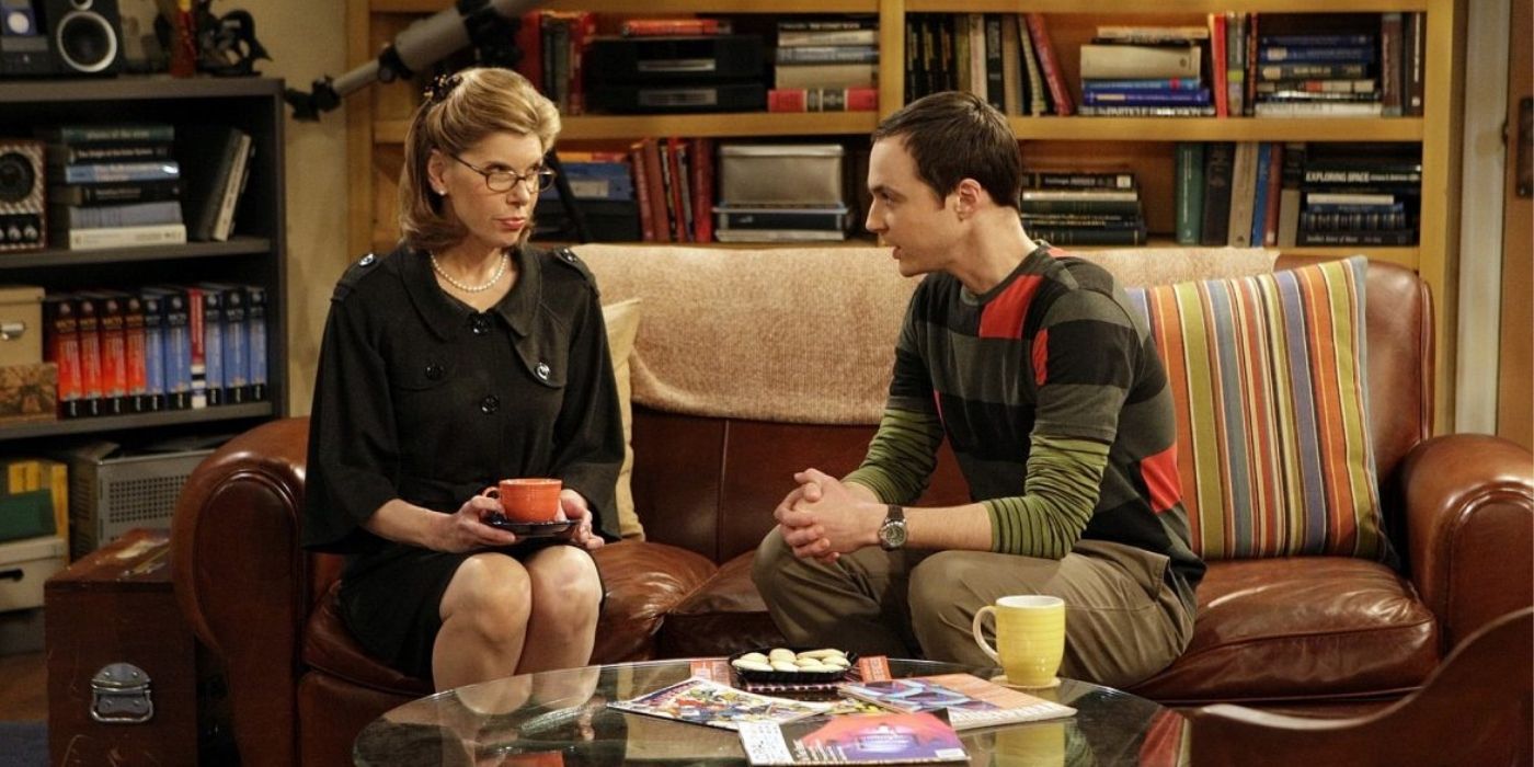 Beverly and Sheldon talking on the couch in The Big Bang Theory.