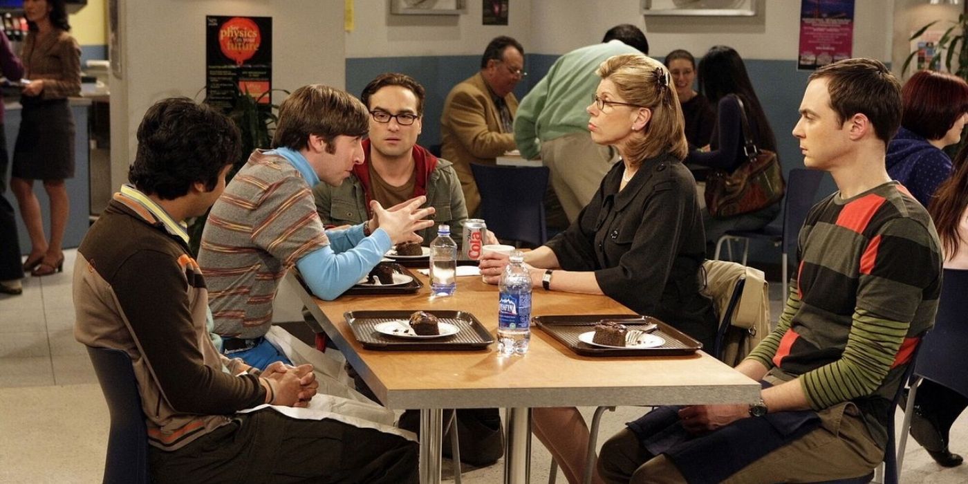 Beverly and the gang at the lunch table at Caltech on TBBT