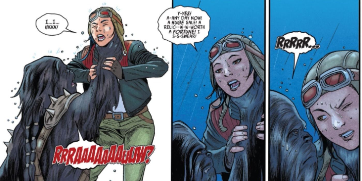 Black Krrsantan attacks Doctor Aphra in Marvel Comics.