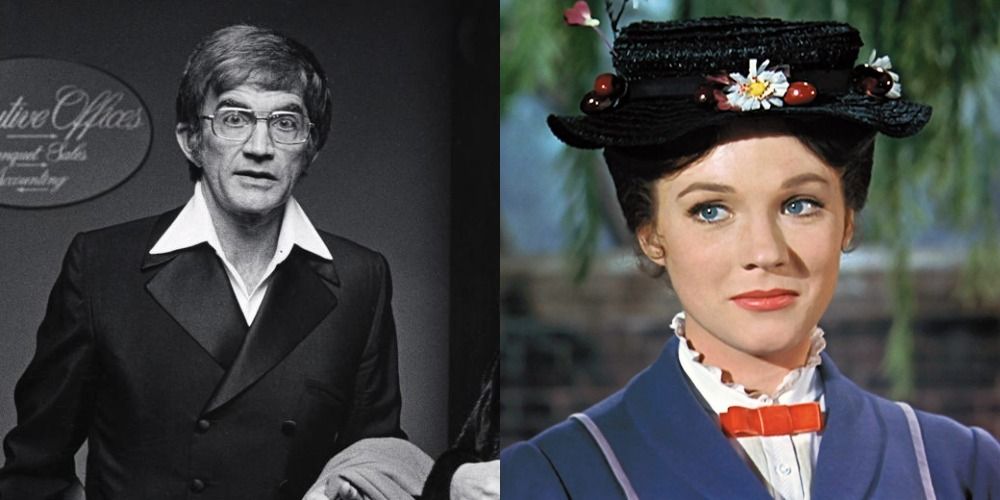 Split image showing Blake Edwards directing a movie &amp; Julie Andrews' character in Mary Poppins