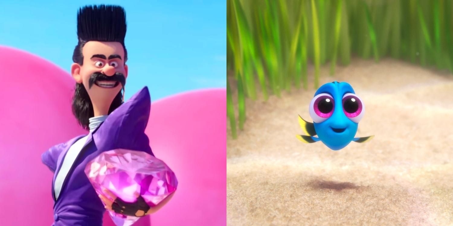 Split image of Blathazar with a gem in Despicable Me 3 and baby Dory in Finding Dory