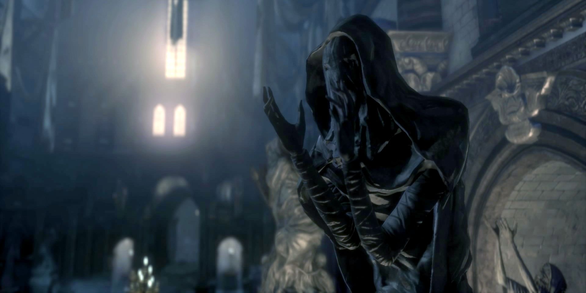 A screenshot of the interior of Odeon Chapel in Bloodborne.