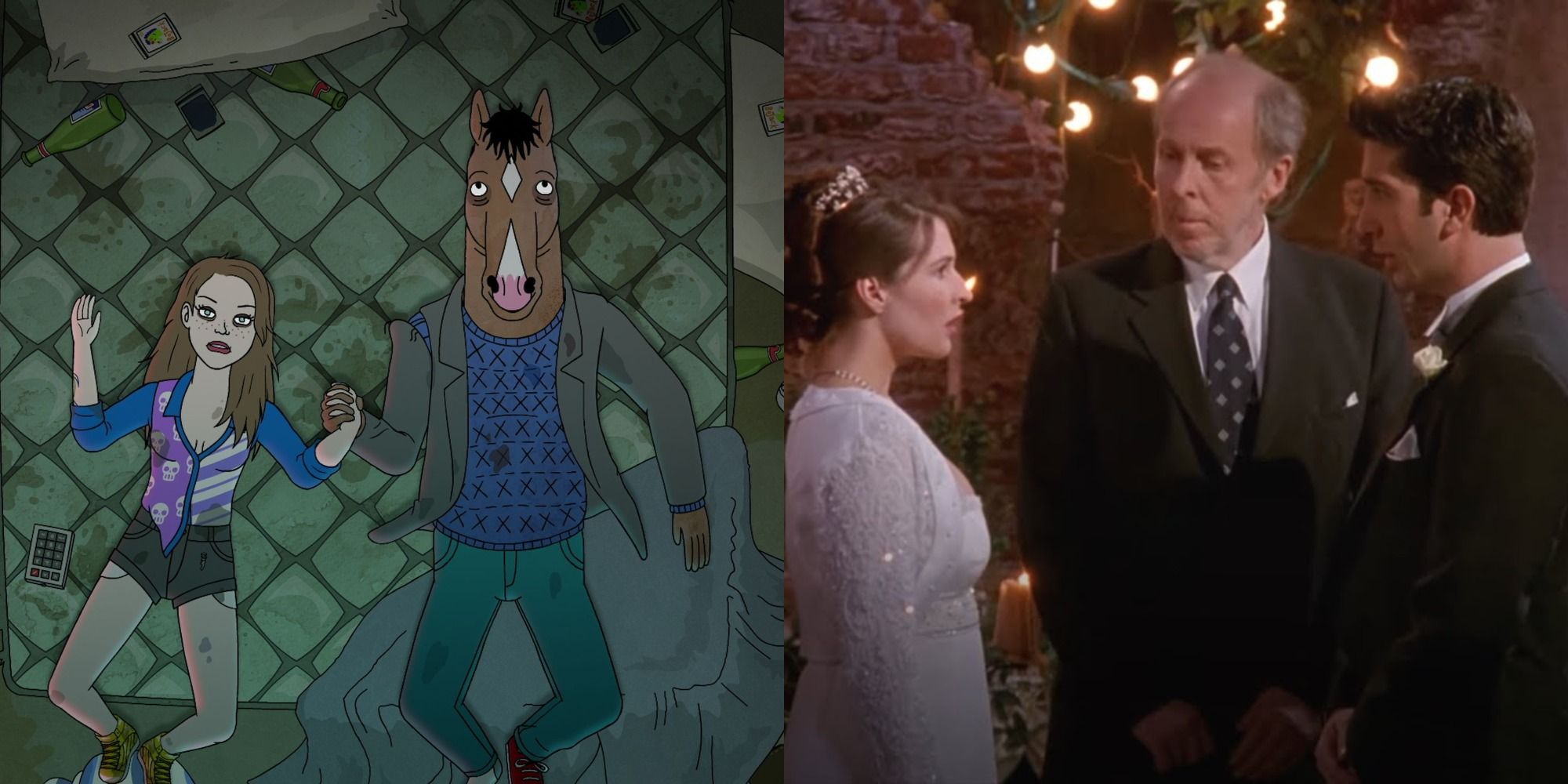 Split image showing BoJack and Sarah Lynn in BoJack Horseman, and Ross and Emily in Friends