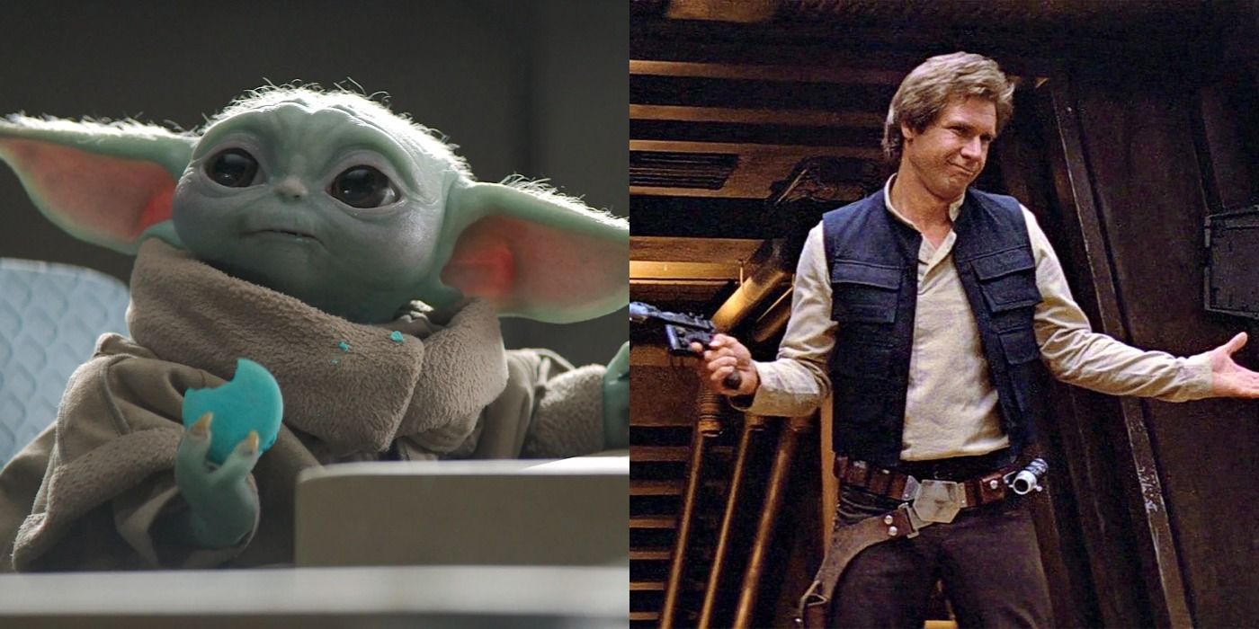 Split image of Grogu from The Mandalorian and Han Solo from Return of the Jedi.