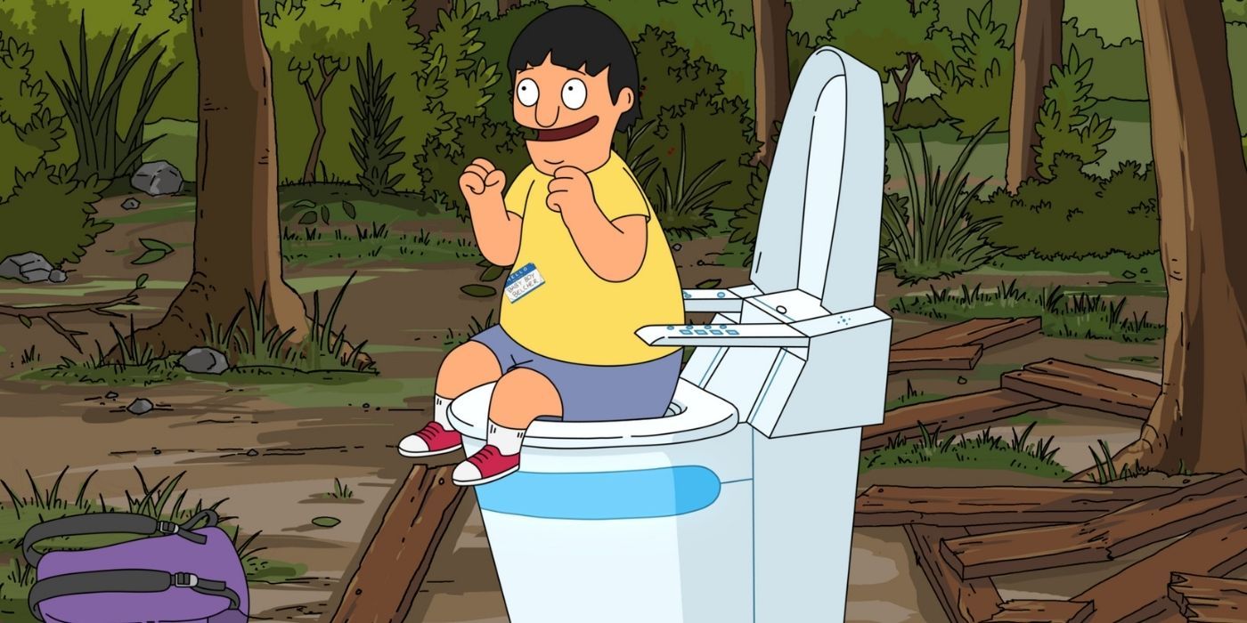 Gene sitting on a large toilet in Bob's Burgers