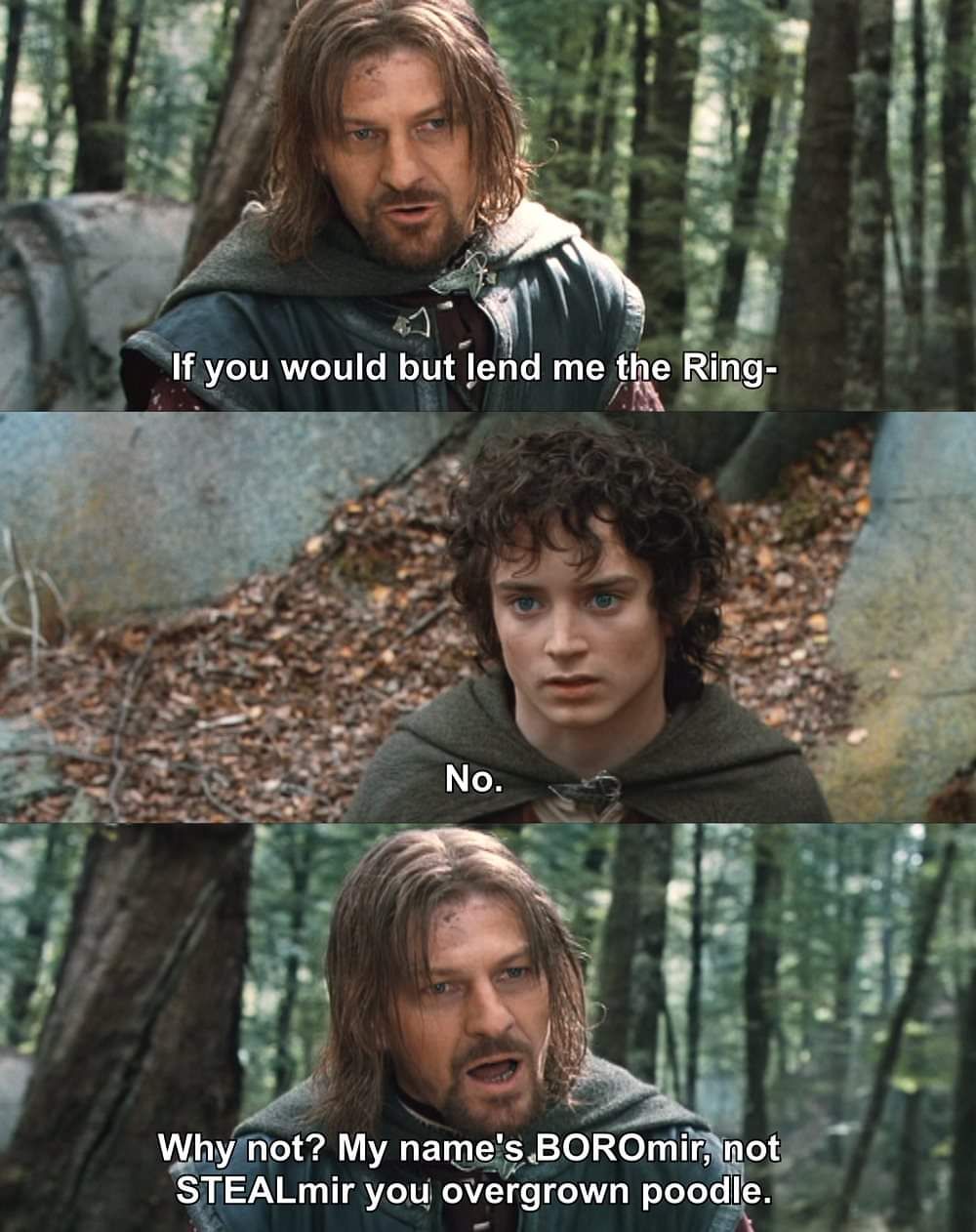 Boromir and Frodo talking, with Boromir pointing out his name isn’t Stealomir