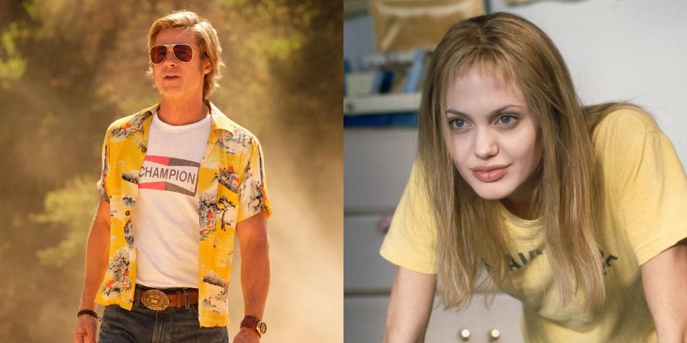 Split image showing Brad Pitt's character in Once Upon A Time In Hollywood &amp; Angelina Jolie's character in Girl, Interrupted