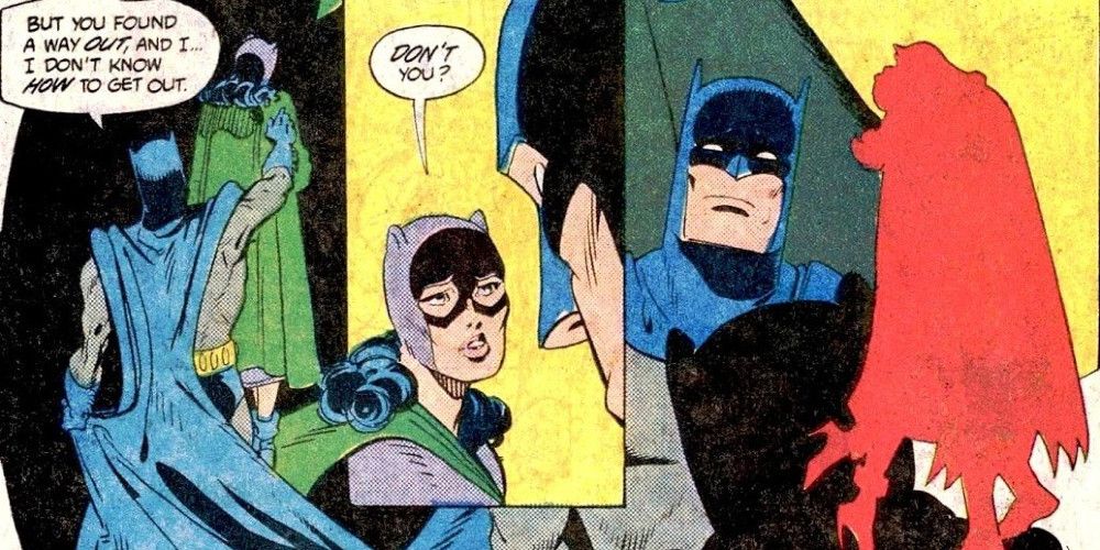Three panels showing Batman and Catwoman embracing in The Brave and the Bold.
