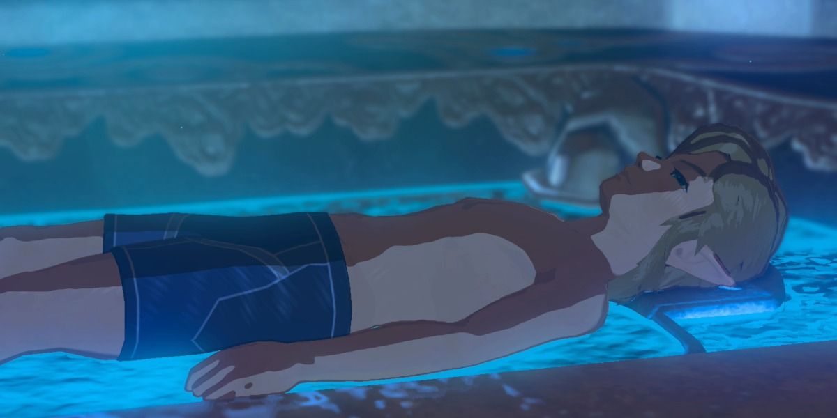 Link awakens in a pool in Breath of The Wild.