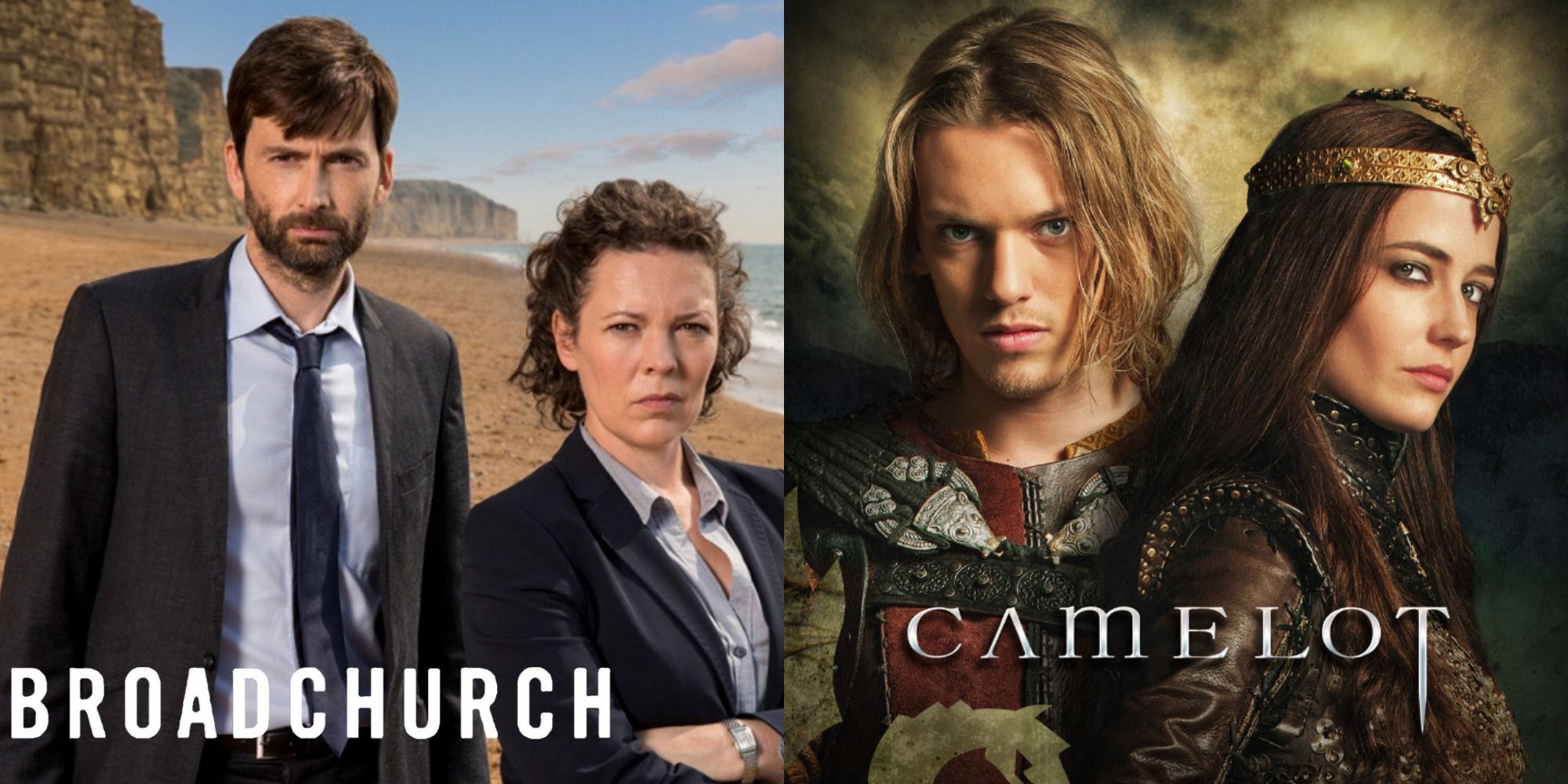 Split image showing posters for Broadchurch and Camelot