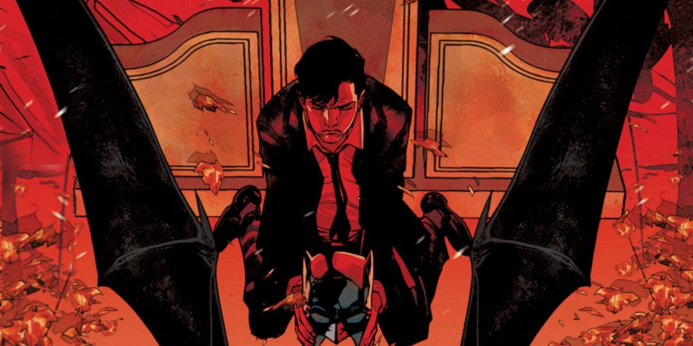 Bruce Wayne mourning his parents and holding the Batman cowl in The Knight cover art