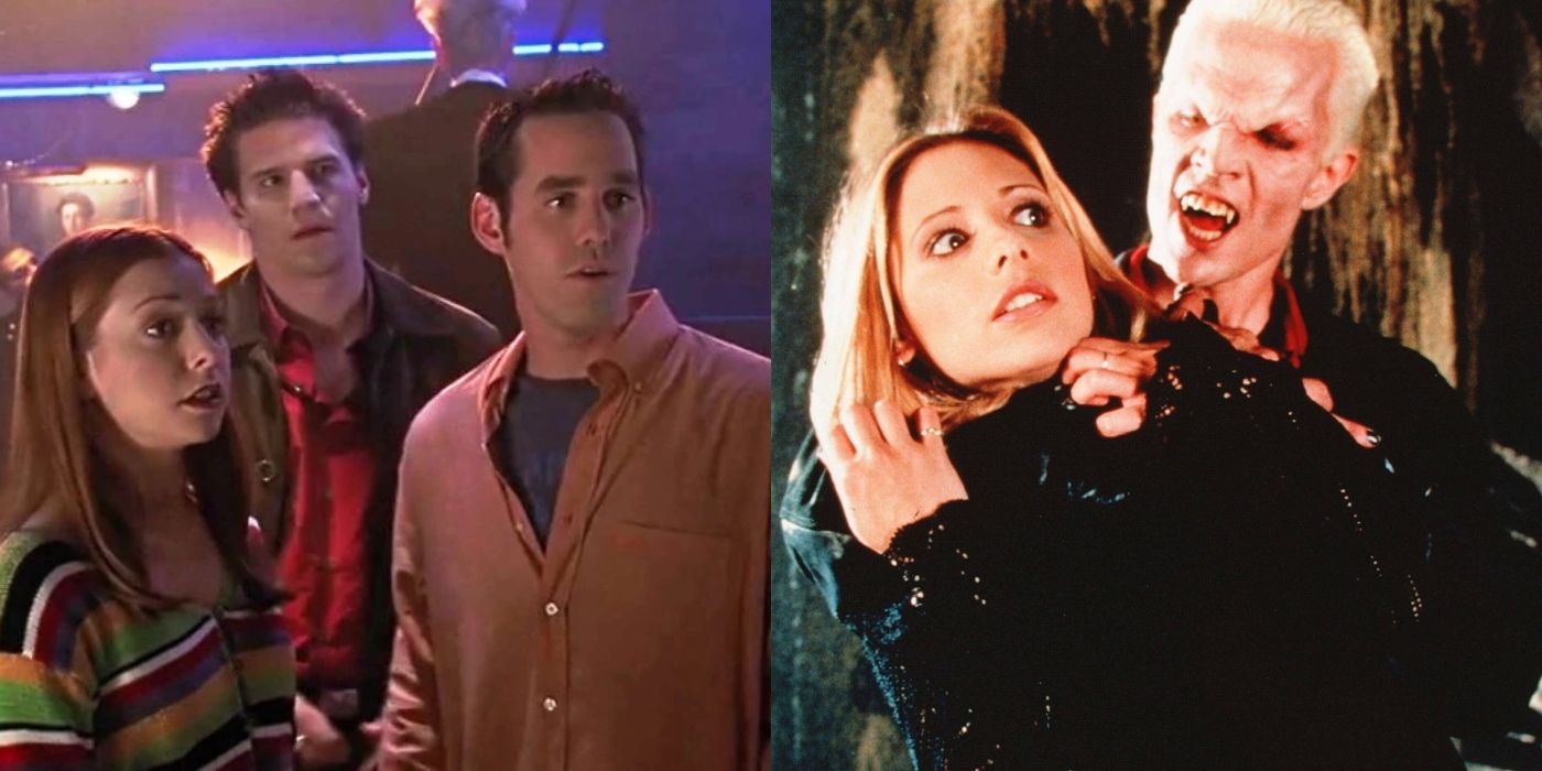 Split image of Willow, Angel, Xander, and Spike with his arm around Buffy in Buffy The Vampire Slayer