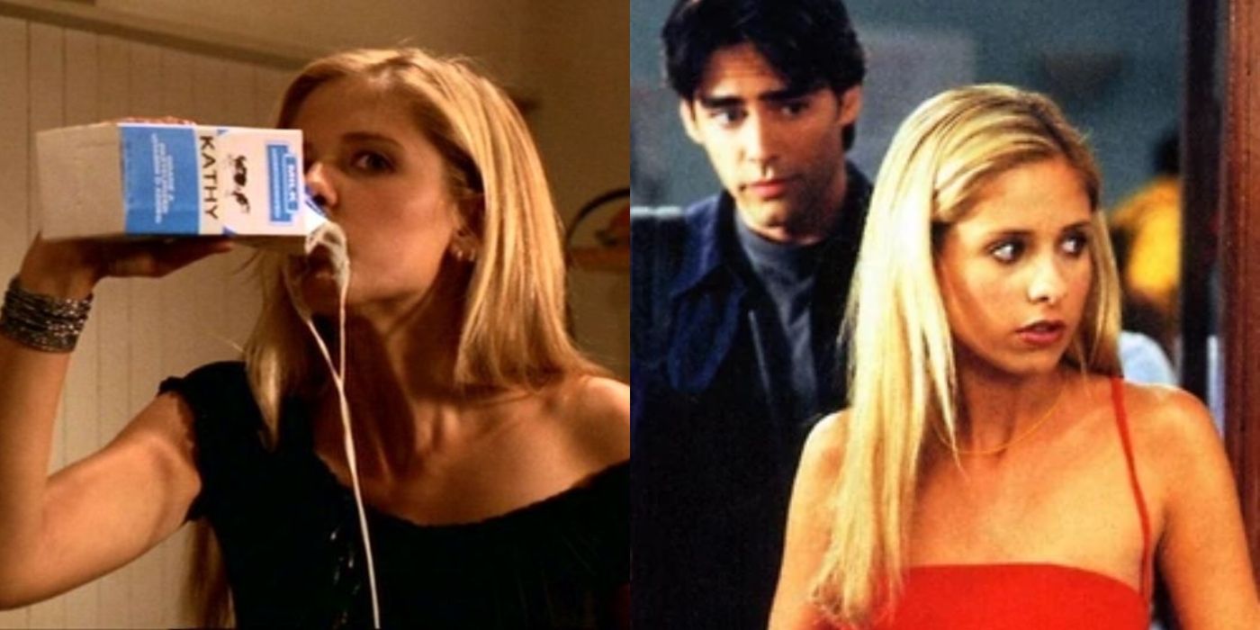 Split image of Buffy drinking milk and looking serious in &quot;Living Conditions&quot; Buffy The Vampire Slayer episode