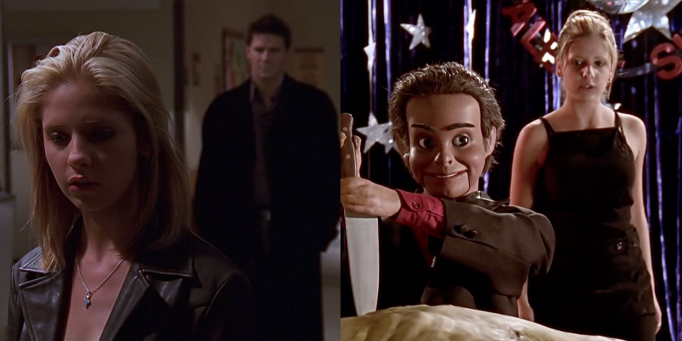 Split image of Buffy and Angel and Buffy with Sid the puppet in Buffy The Vampire Slayer