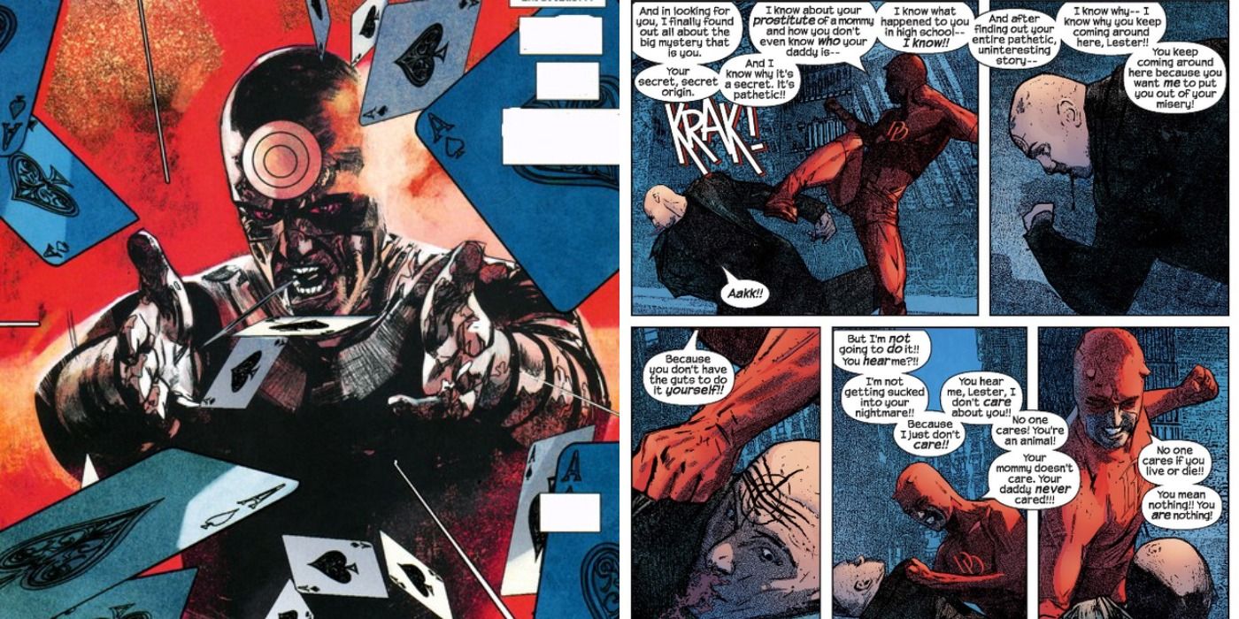 Split image of Bullseye using playing cards as weapons and Daredevil violently beating him down in the streets