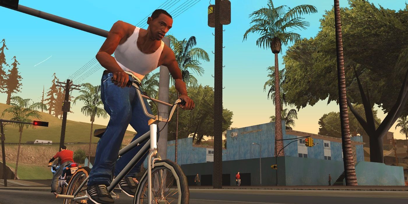 CJ riding a bicycle in Grand Theft Auto: San Andreas