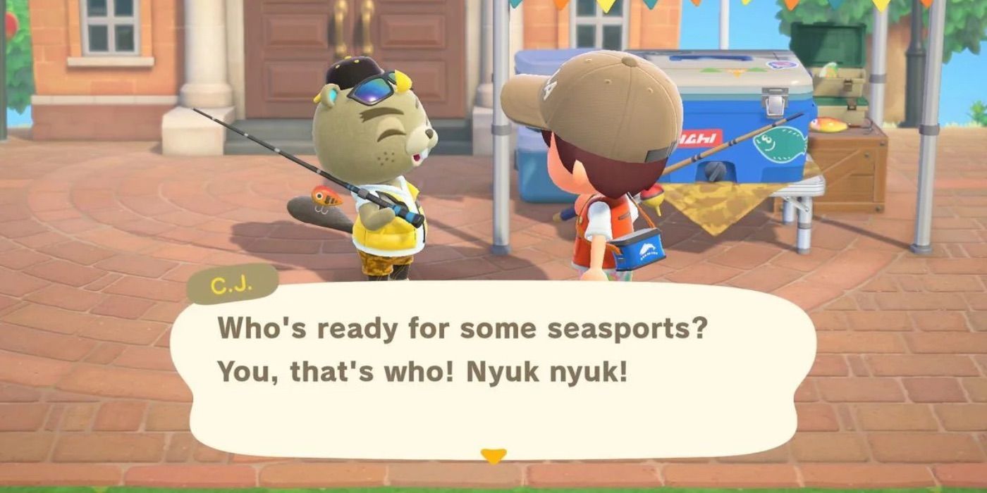 CJ fala com um jogador sobre o torneio de pesca em Animal Crossing New Horizons