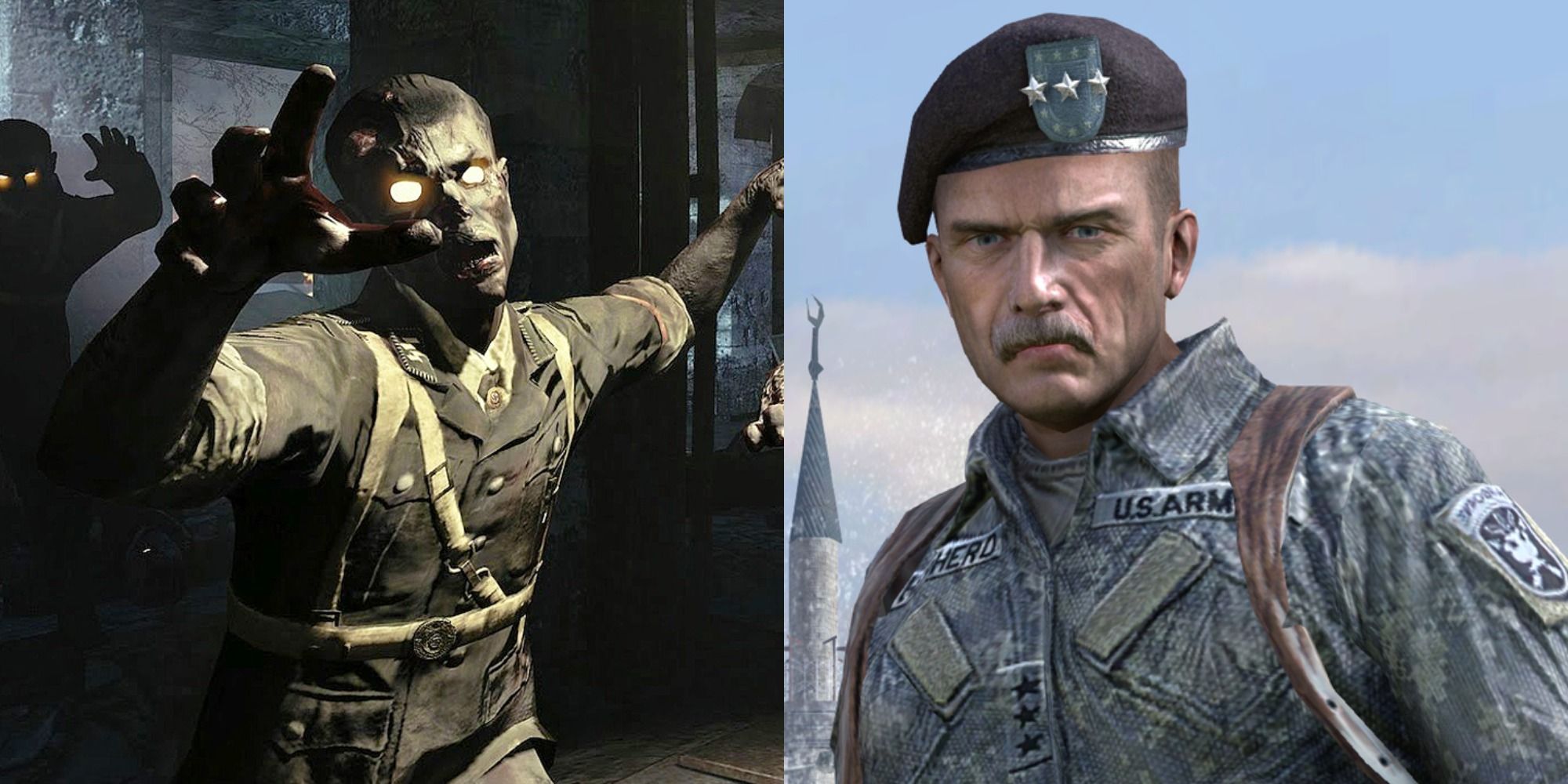 Split image showing a zombie and Shepherd in COD