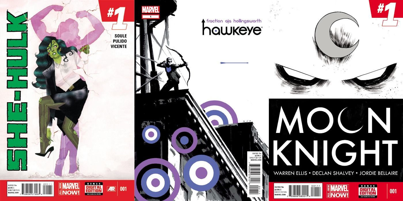 Split image of covers of She-Hulk 1, Hawkeye 1 and Moon Knight 1 comics.
