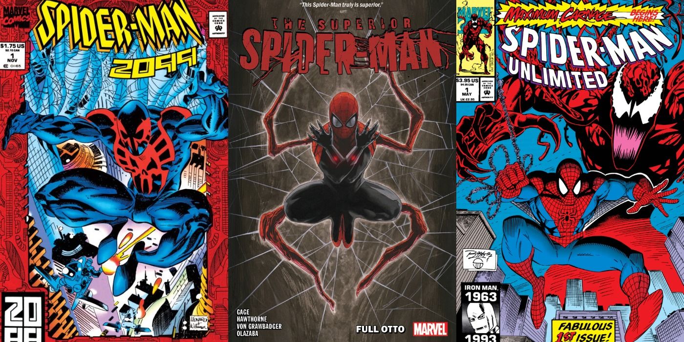 Split image of comic book covers of Spider-Man 2099, Superior Spider-Man, and Spider-Man Unlimited.