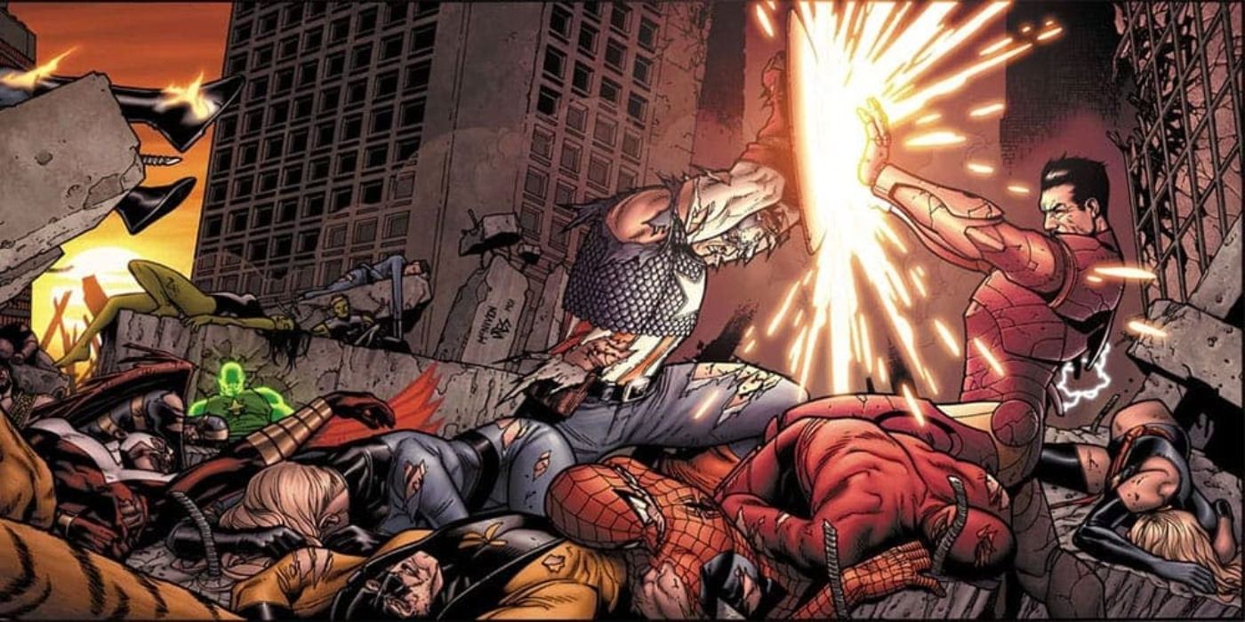 Captain America fighting Iron Man over a pile of subdued superheroes
