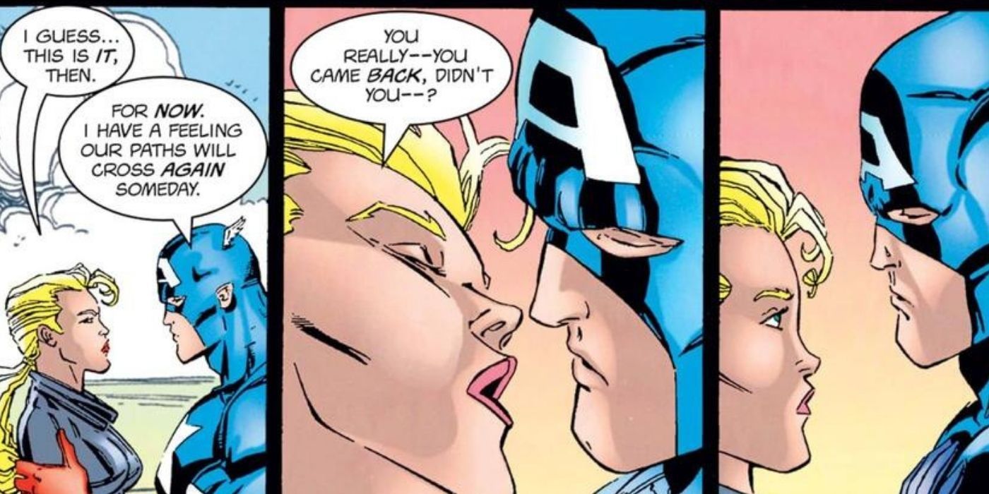 Captain America and Sharon Carter looking at each other in the comics