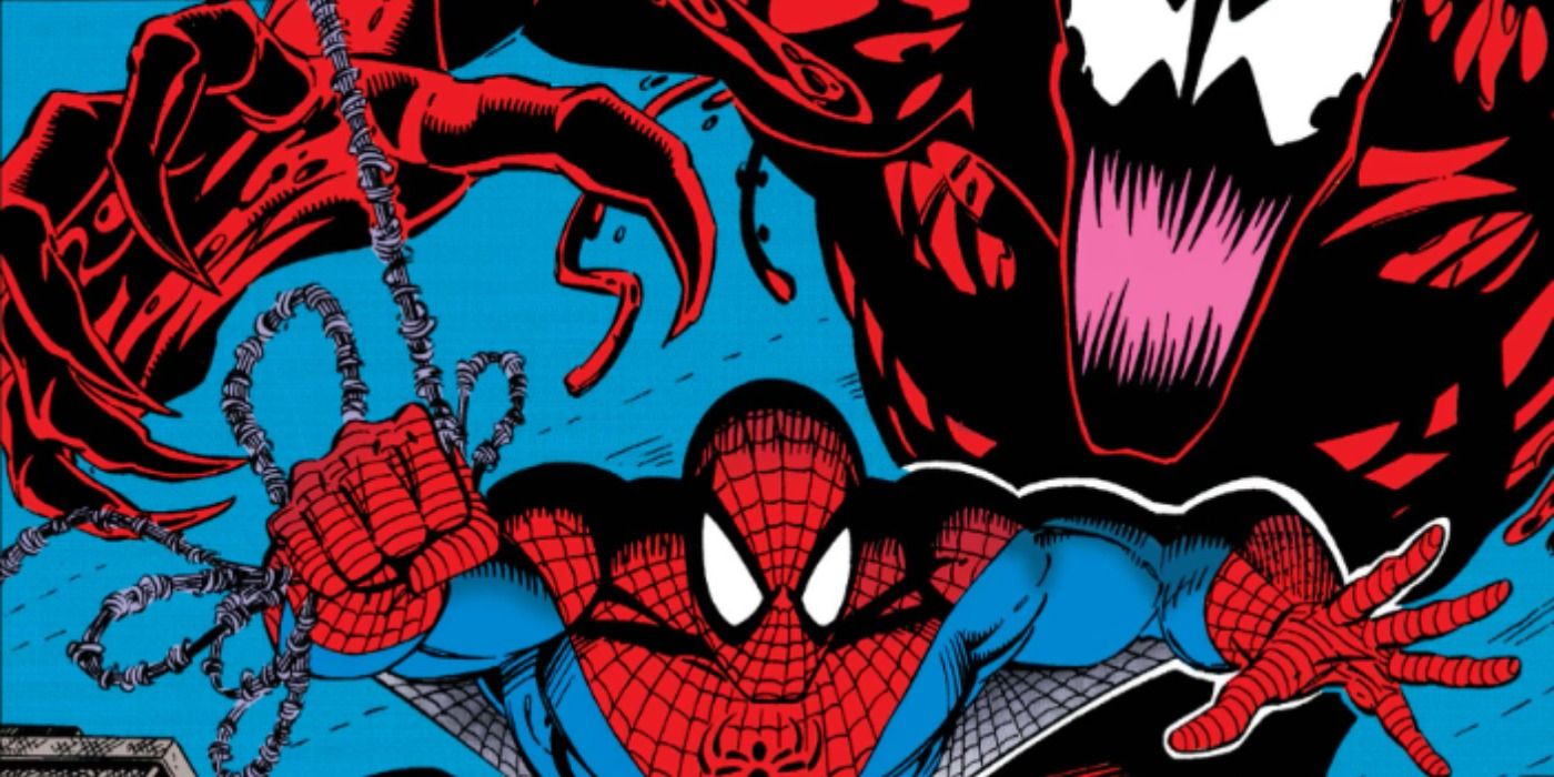 Carnage attacks Spider-Man in Marvel Comics.