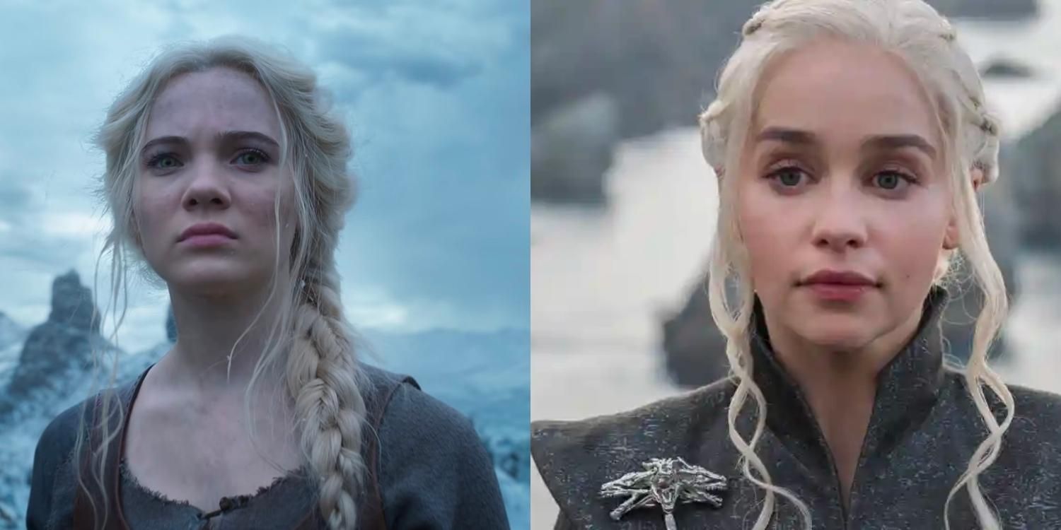 Ciri in The Witcher and Daenerys in Game of Thrones with blonde hair and snowy backdrops