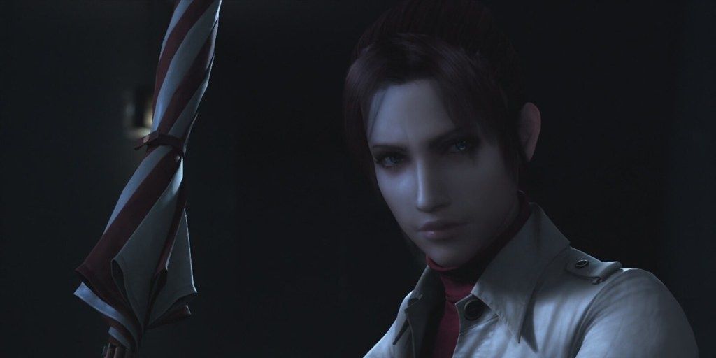 Claire Redfield holding an umbrella in Resident Evil Degeneration