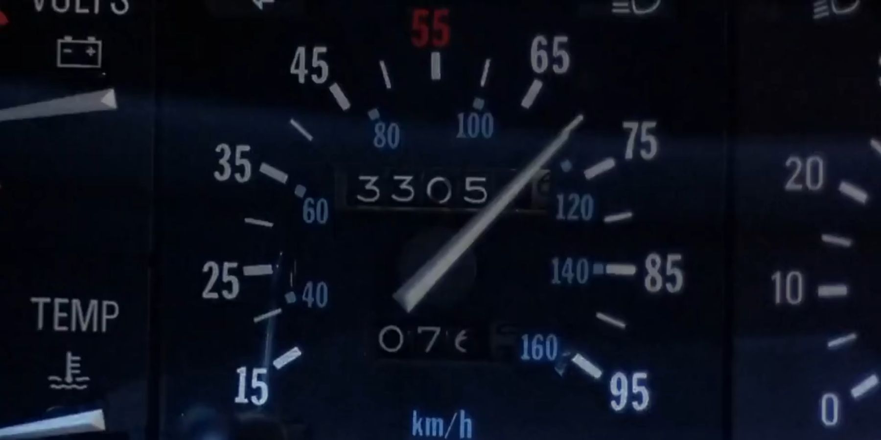 Closeup shot of the speedometer inside the DeLorean in Back To The Future